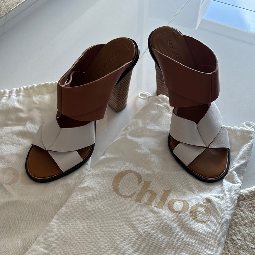 Unworn See By Chloe Brown and White Mules with High Heel